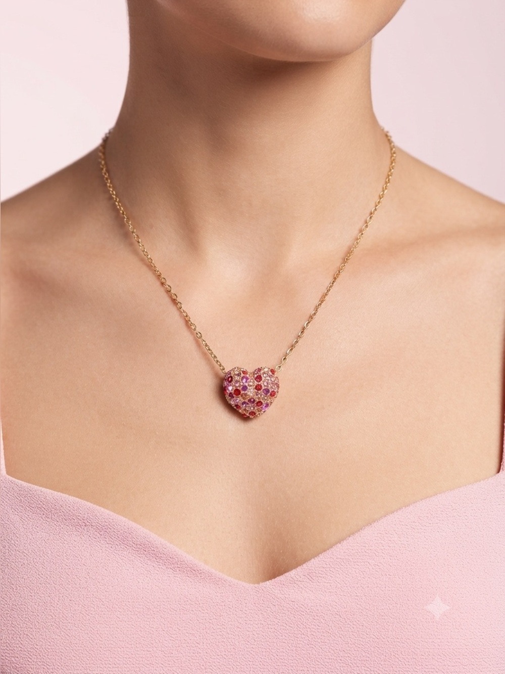 Ombré Pavé Heart Pendant Necklace | Gold Tone Red & Pink Crystal Necklace